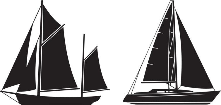 A striking black silhouette of a sailboat with two prominent masts and sails against a white background silhouette