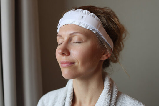 Young woman wearing a neurotechnology headband for brainwave monitoring and relaxation therapy. Neurowellness