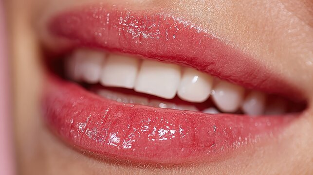 Close-up of Womans Smile with Red Lipstick