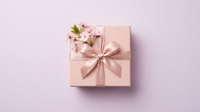 Pink gift box with elegant satin ribbon bow and cherry blossoms on purple background, Mother's Day present, spring celebration flat lay, feminine birthday gift