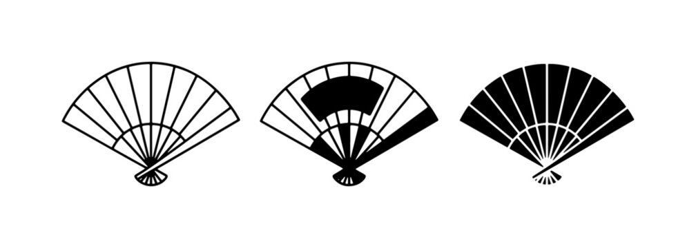 Elegant Fan Icons Set, Traditional Japanese Folding Fan Graphics, Vintage Handheld Fan Vector Illustrations, Black and White Decorative Fan Elements