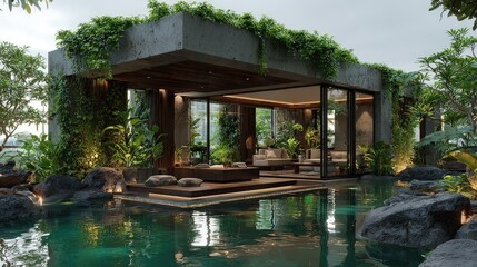 Naklejka premium Modern Outdoor Living Space with Pool and Lounge Area