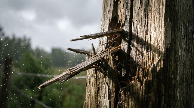 Broken wooden post splintering in a heavy rainstorm, storm damage aftermath, natural disaster destruction, weathered wood texture with splashing water droplets, rural decay.