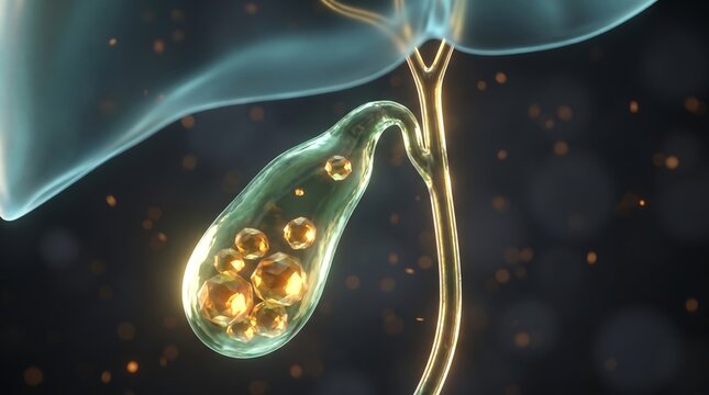 3D Human Gallbladder Anatomy With Golden Gallstones and Bile Duct Glow in Photorealistic Medical Illustration