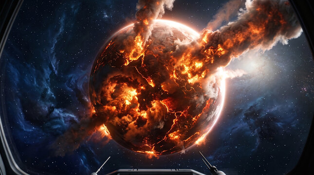 Exploding planet in deep space catastrophic destruction, massive fireballs and smoke plumes seen from spacecraft cockpit window, apocalyptic sci-fi cinematic concept art.