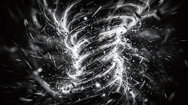 Powerful black and white tornado vortex with flying debris, chaotic storm cyclone, destructive wind funnel, dramatic natural disaster concept, atmospheric whirlwind energy.