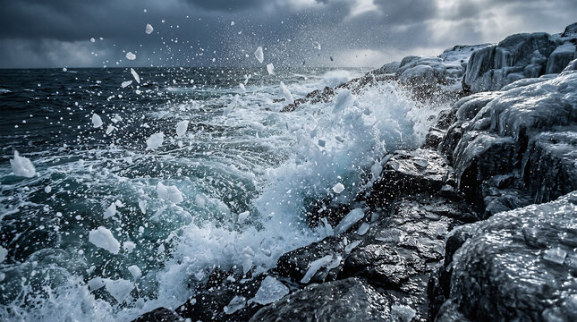 Crashing ocean waves hitting frozen rocky coastline during a violent winter storm, dramatic sea spray and ice fragments, extreme arctic weather conditions, climate change concept.
