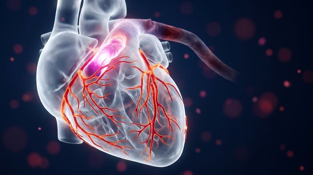 Human Heart Coronary Artery Disease Visualization in Crystal Glass Anatomy With Blocked Blood Flow 3D Medical Render