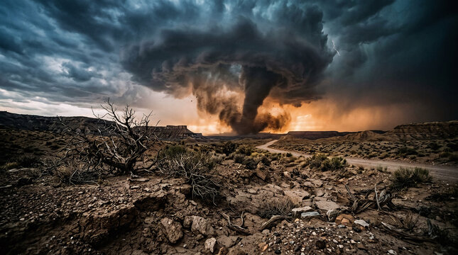 Massive tornado funnel touching down in desert landscape under dark supercell storm clouds, powerful twister, extreme weather event, natural disaster, climate change concept.