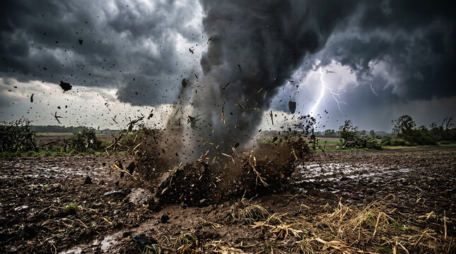 Powerful tornado touching down in muddy field with lightning strike, debris flying during intense storm, catastrophic weather event, destructive cyclone funnel, storm chasing.