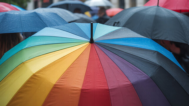 Close-up of Rainbow Umbrella in Rain. Colorful bright umbrella with raindrops fills frame among blurred umbrellas during rainy outdoor crowd scene. Concept of umbrella protection, season weather