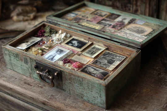 Vintage memory collage box with old photos and letters