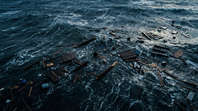 Floating wreckage and debris in choppy dark ocean water, aftermath of natural disaster, tsunami damage, coastal flooding, environmental catastrophe, shipwreck remains in stormy