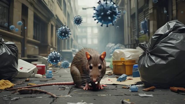 Rat in the garbage in the city. Hantavirus concept.
