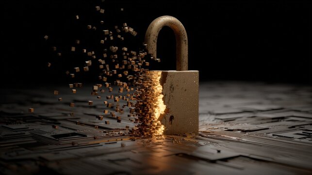 Metallic padlock disintegrates into glowing digital fragments upon a technological surface.