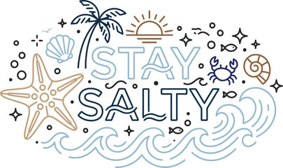 Fototapeta premium Summer beach illustration with lettering and marine life silhouette