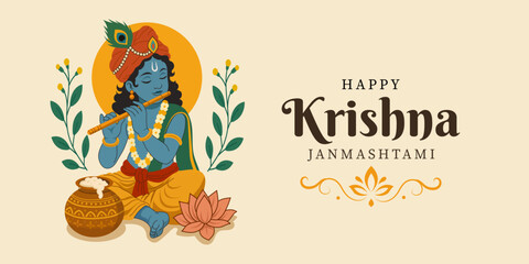 Vector illustration for Krishna Janmashtami with Lord Krishna playing a flute, a butter pot, and floral elements. Ideal for greeting cards and festive banners. © Loya.art