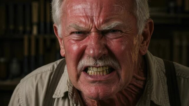 An elderly man with a weathered face and white hair screams with intense rage, his angry expression captured in a dramatic closeup shot displaying raw emotion, power, and deep frustration.
