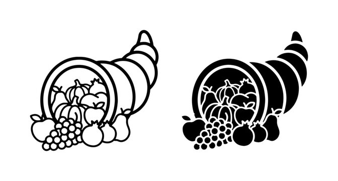 Cornucopia Vector Icons, Abundance Harvest Symbols, Autumn Fruit Bounty, Thanksgiving Food Illustration, Black and White Outline & Silhouette