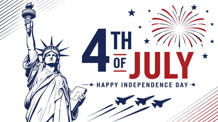 Naklejka premium Happy independence day illustration with statue of liberty and fireworks