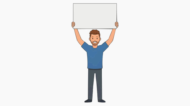 Smiling man holding blank white sign above head