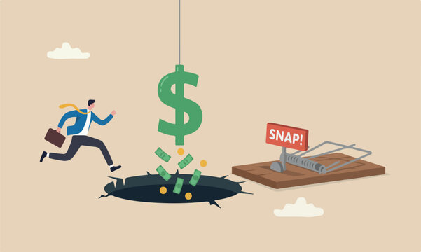 Financial money trap, risk in investment, ponzi scheme or business pitfall concept, businessman investor running and jumping into lore money pitfall or mouse trap with big money dollar sign bait