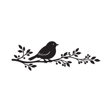 Bird on Branch Silhouette &mdash; Elegant Black Flat Vector of Songbird Perched on Decorative Twig with Leaves and Berries for Nature Wall Art and Wedding Design