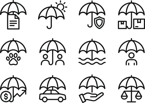 Minimalist flat icons showing various protective insurance services under single umbrella graphic design modern-icon-sets flat-design-graphics business-symbols corporate-communication digital-marketin