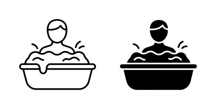 Simple Line Art and Solid Icon Set: Person Relaxing in Bathtub with Bubbles, Bath Time Hygiene and Self-Care Vector Graphics for Wellness and Spa Concepts