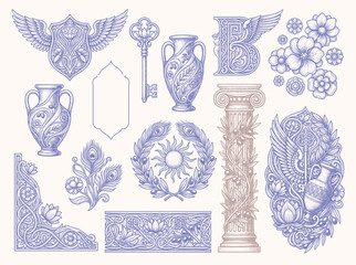 A collection of detailed blue drawings featuring vases, ribbons, keys, flowers, a sun wreath, and a classical column on a light background. © bow