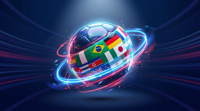 International soccer ball with world flags and glowing neon orbital rings on dark background