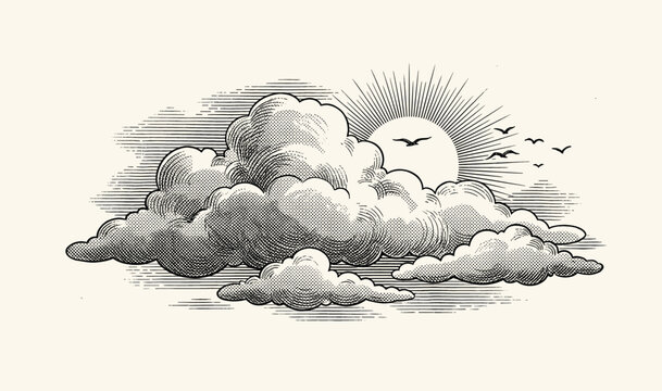 Black and white vintage style engraving of large fluffy clouds with a sun behind and birds flying across the sky, detailed line work and hatching.