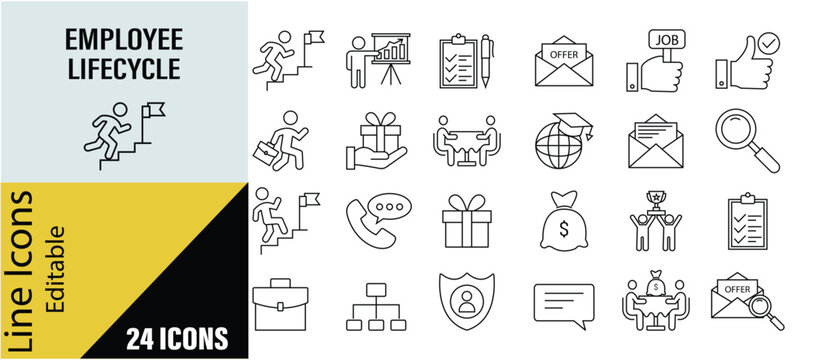 Employee lifecycle line icon set. Employee lifecycle and corporate benefits linear icon set. Editable stroke. Recruitment,training,performance evaluation,employee perks,gifts,health insurance,time.