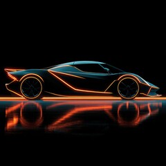 Naklejka premium Aggressive supercar silhouette with sharp neon lines and dynamic angle against a dark background, reflecting speed and modern design in high contrast