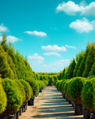 Fototapeta premium Rows of Green Nursery Plants Under Blue Sky for Garden Center