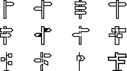 Minimal Direction Sign Icon Set with Arrow Signposts, Navigation Symbols and Roadway Outline Vector Collection © Nurchhana