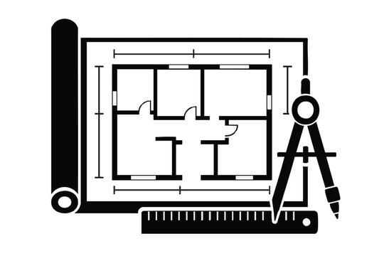 Architecture, blueprint, drafting tools, engineering icons, black and white vector graphics