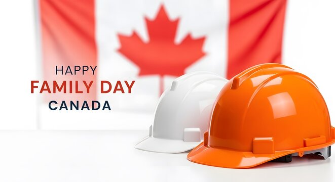 Happy family day canada construction helmets with blurred canadian flag background