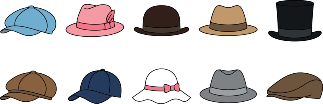 Hat Icon Set with Baseball Caps, Fedoras, Bowler, Sun Hats, and Top Hats in Various Colors for Fashion, Clothing, and Accessory Vector Designs