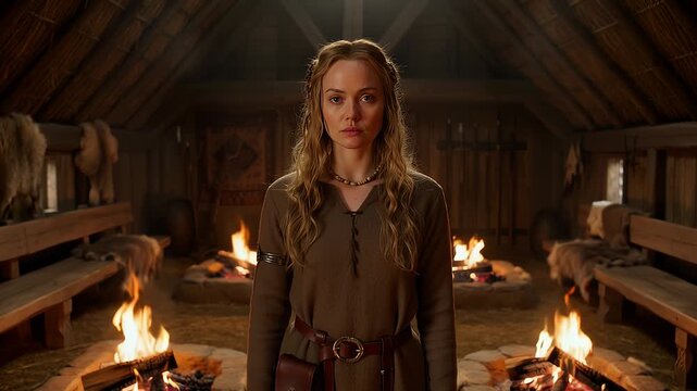 Viking Woman in Traditional Longhouse with Fireplaces