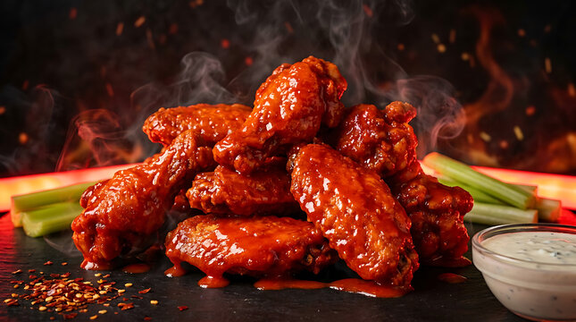 Hot and Spicy Buffalo Chicken Wings Covered in Red Sauce, Ready to Eat