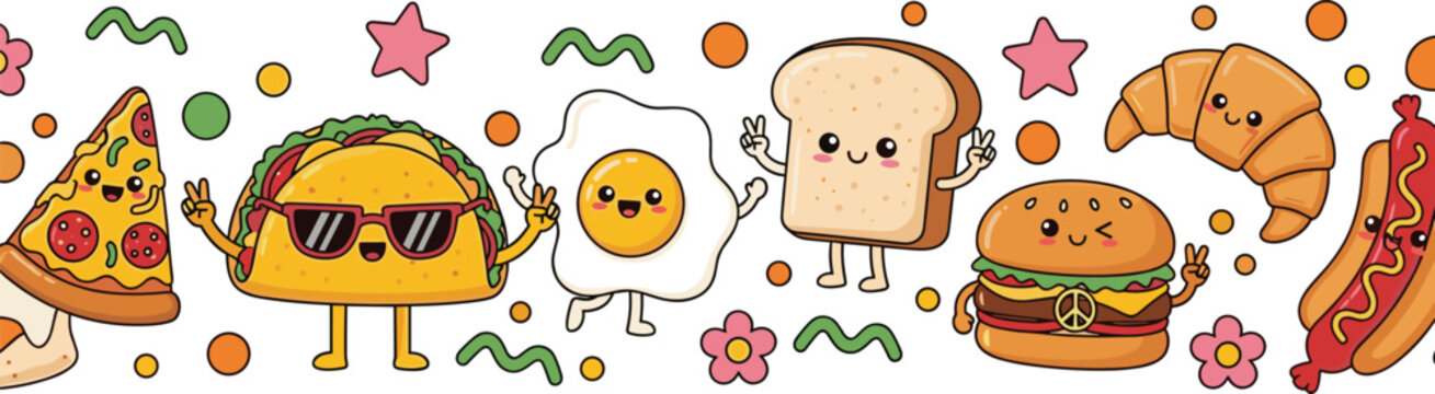 Kawaii fast food character border with cute pizza taco fried egg bread burger croissant and hot dog for nursery stickers,