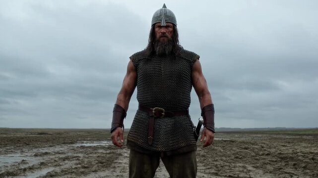Viking Warrior Standing in Muddy Terrain with Shields Nearby