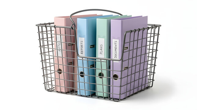 Neatly organized pastel-colored file binders and documents stored in a modern wire basket, representing efficient office storage and business organization