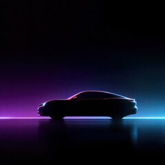 Luxury car silhouette with neon outline against a dark gradient background, showcasing a futuristic design and minimalistic aesthetic in high-resolution 8k quality