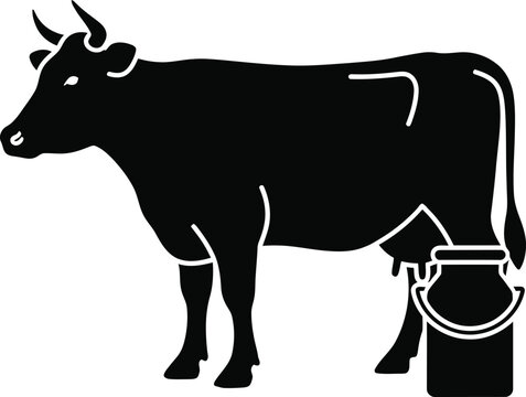 Silhouette of a dairy cow with a milk churn black and white background