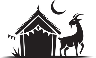 Minimalist black vector illustration of a goat standing beside a decorated tent-like structure with bunting under a crescent moon, representing traditional festivities or Eid al-Adha. © Easin.1k