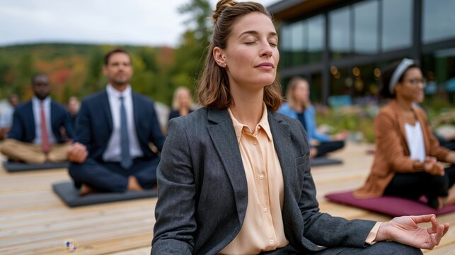 Professionals practice mindfulness meditation outdoors during a business retreat