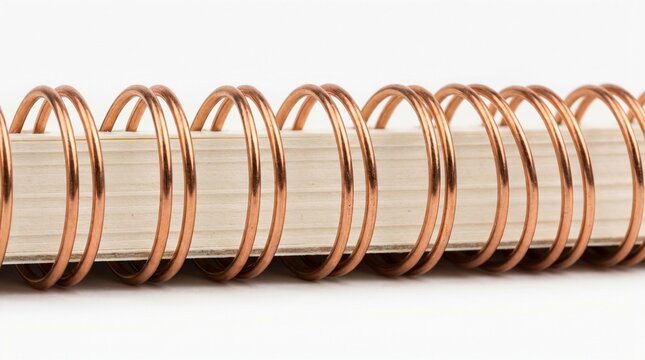 Copper wire binding of a premium student notebook with interlocking metal spirals and thick paper edges for school and office supply advertising concept