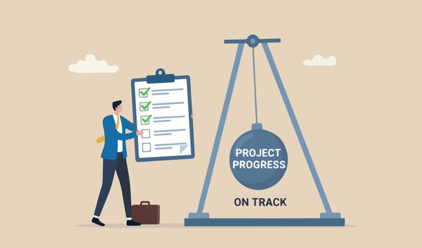 Checklist or to do list to finish work, task completion project management, plan progress checklist, checkbox team workflow concept, businessman holding completed checkbox impact pendulum